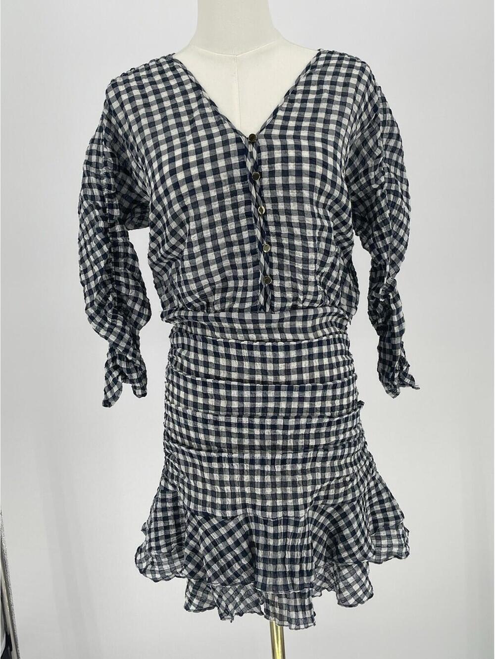 NWT Veronica Beard Campbell Gingham Ruched Dress Navy White Size 6